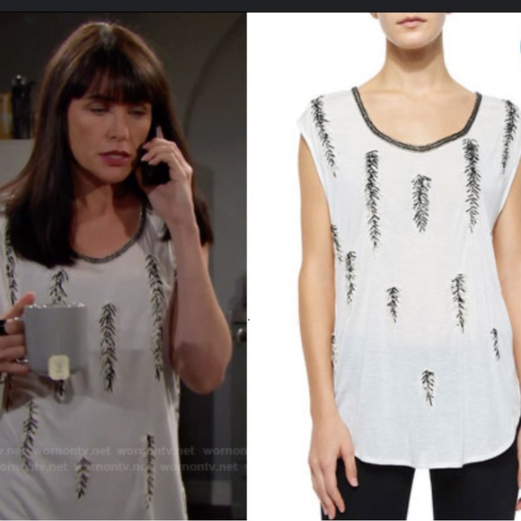 Haute Hippie EUC 🪶 Feather-Embellished Dagger Tee, Swan - Picture 2 of 8